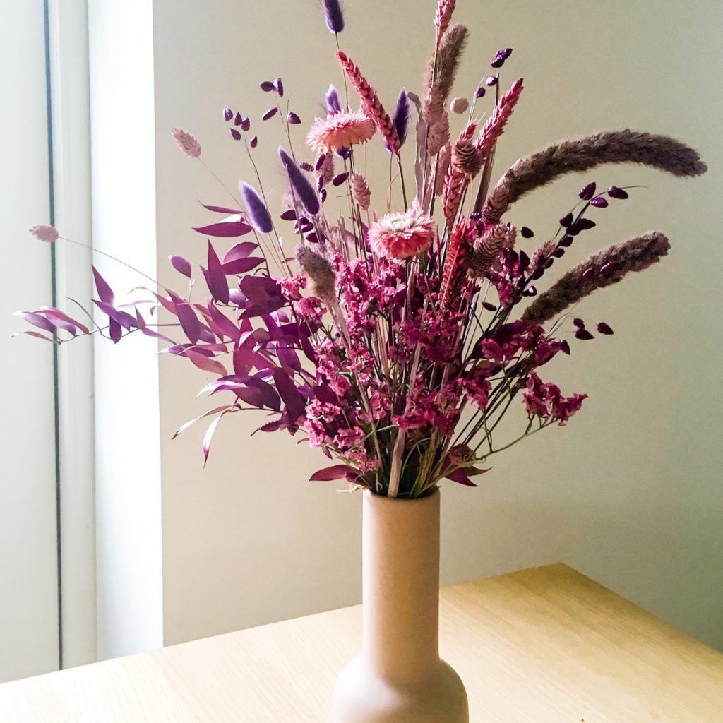 Pink Purple Dried Flower Arrangement in Window Light