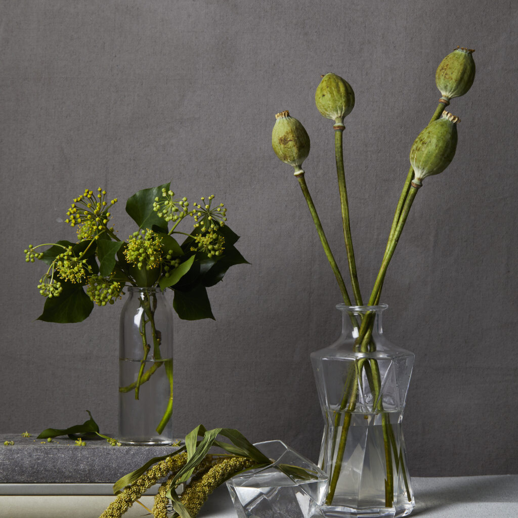 Monochromatic Greens in clear glass bud vases