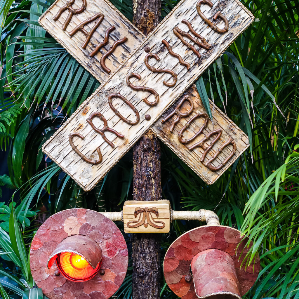 NYBG Holiday Train Show Rail Road Crossing Sign Made of Bark and Twigs