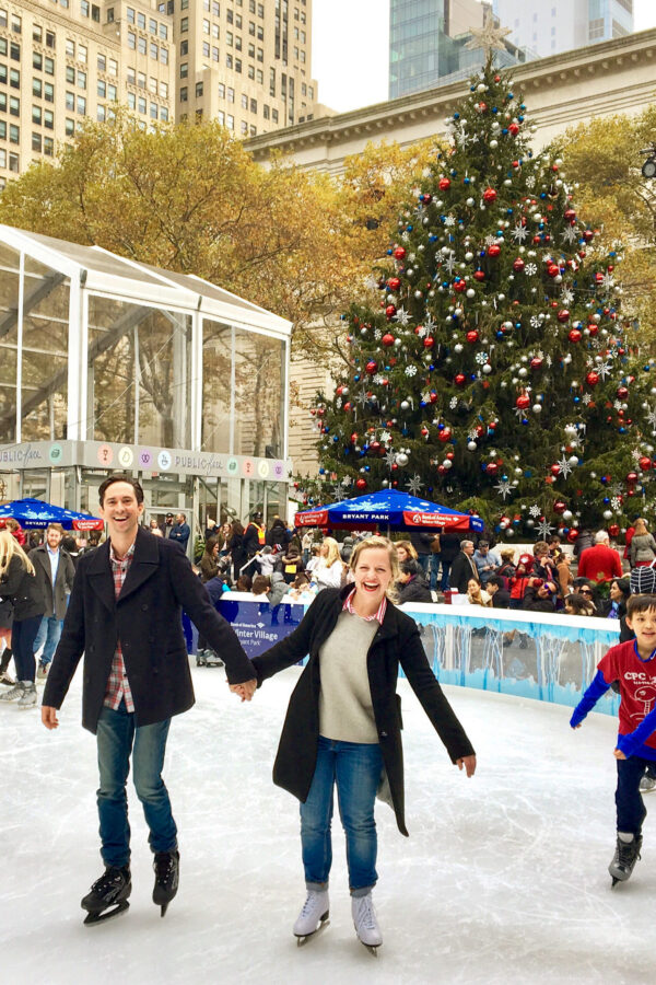 Ice skating at Bryant Park with the stunning Christmas Tree behind us