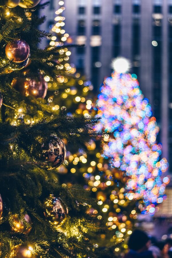 Christmas Tree close up with Rockefeller Tree in the background